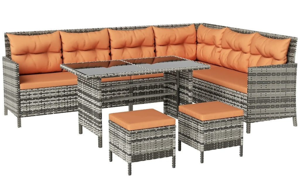 7-Seater Rattan Garden Sofa Set with Glass Table – Orange Cushions