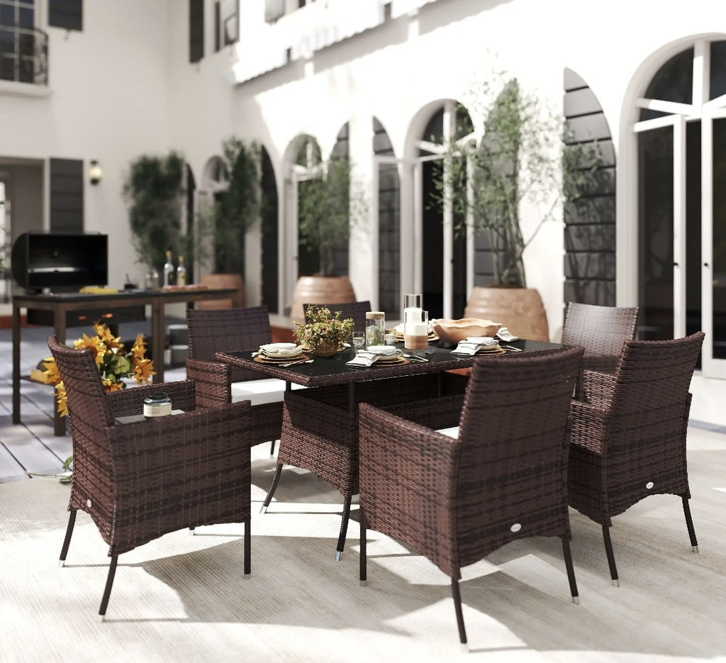 7-Piece Rattan Garden Dining Set with Cushions – Brown