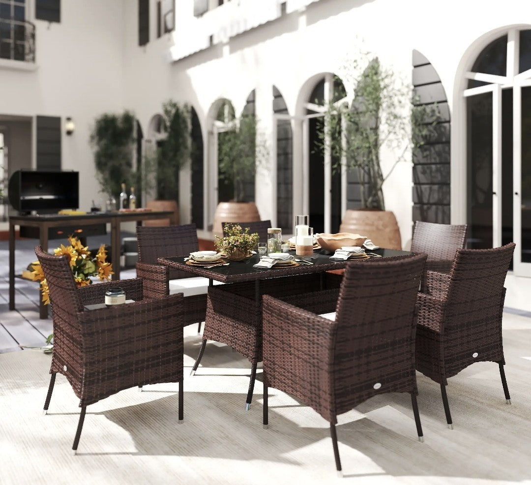 7-Piece Rattan Garden Dining Set with Cushions – Brown