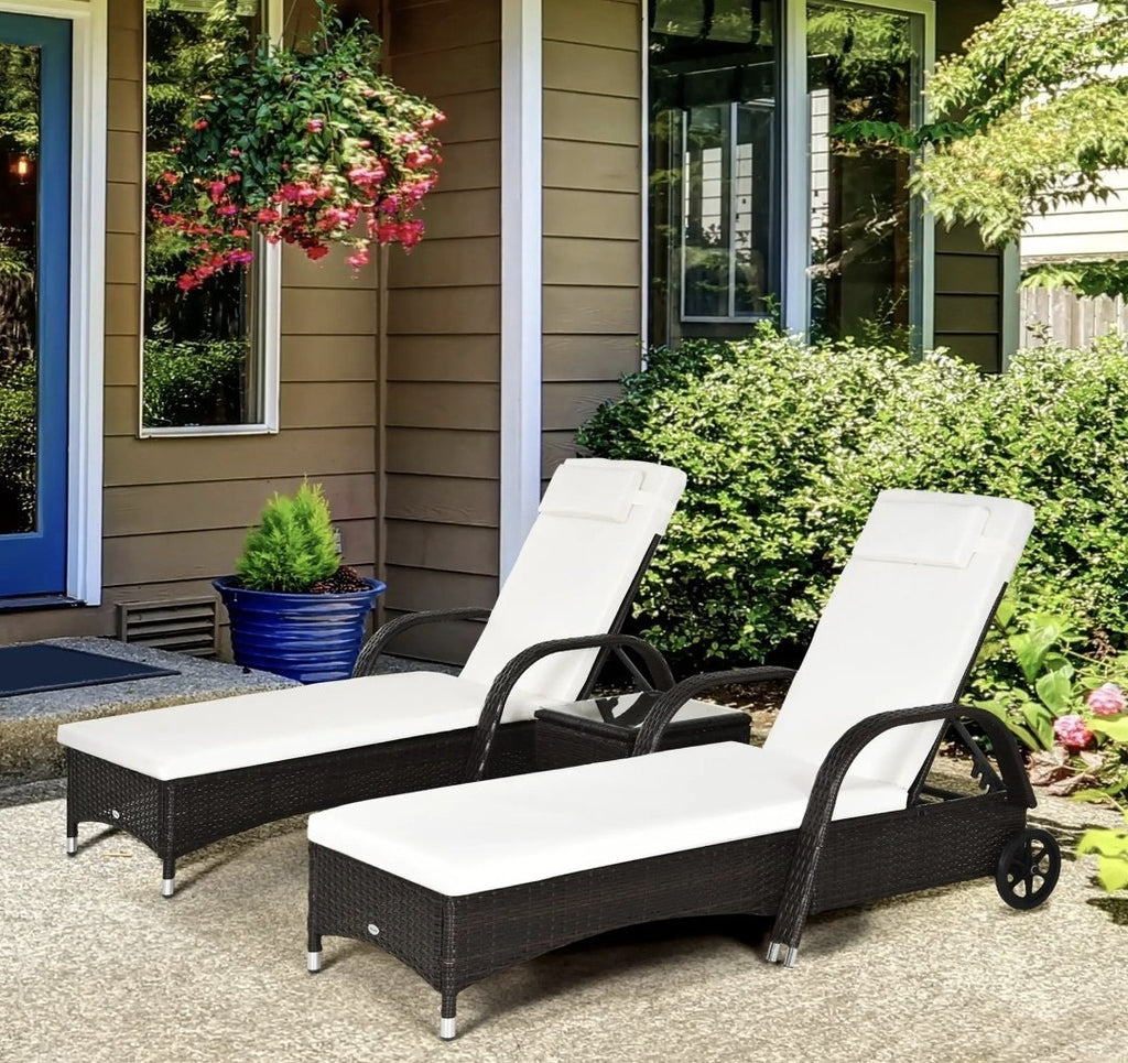2x Rattan Sun Loungers with Adjustable Back, Wheels & Cushions | Headrest & Table