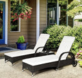 2x Rattan Sun Loungers with Adjustable Back, Wheels & Cushions | Headrest & Table
