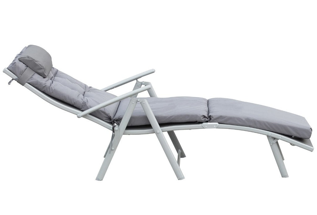 Steel Frame Padded Garden Sun Lounger with Pillow – Grey | 7-Position Recliner