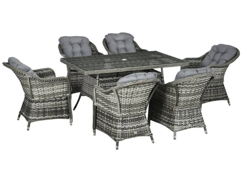 7-Piece Rattan Garden Dining Set – Grey | 6-Seater with Tempered Glass & Parasol Hole