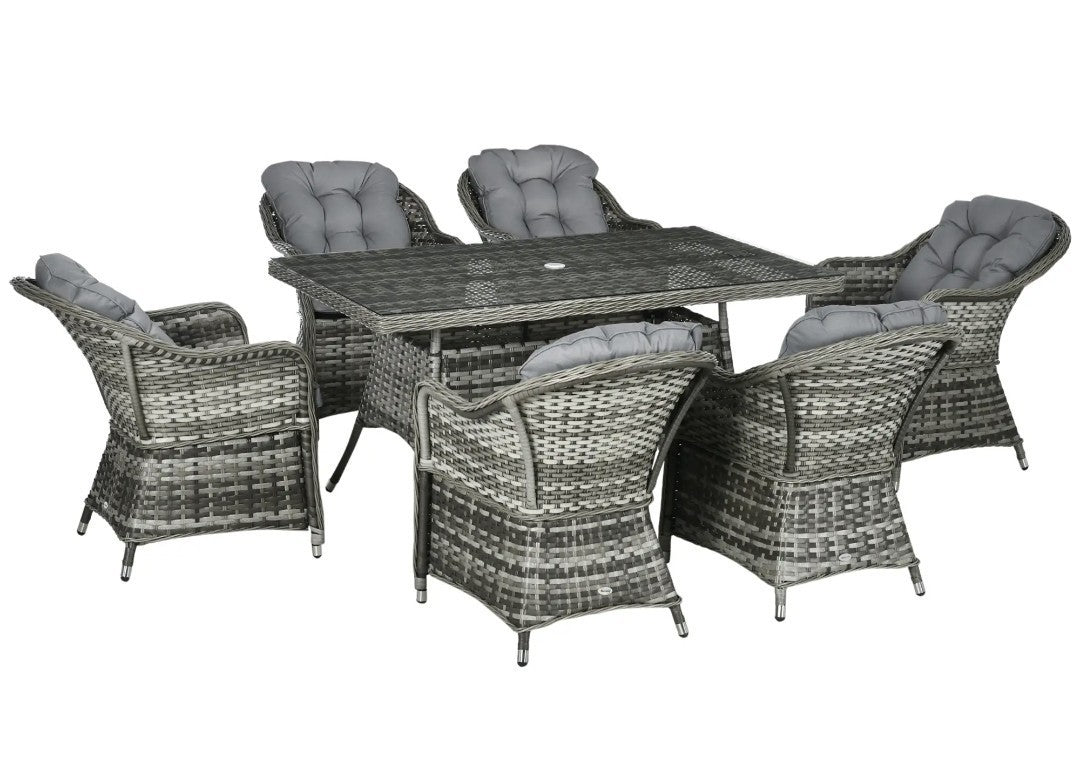7-Piece Rattan Garden Dining Set – Grey | 6-Seater with Tempered Glass & Parasol Hole