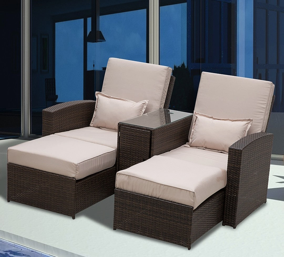2-Seater Rattan Sofa Lounger Set – Brown & Beige | 5-Position Recliner