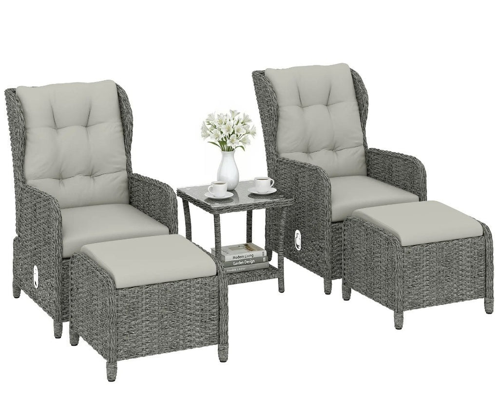 5-Piece Rattan Garden Set | Reclining Chairs, Footstools & Cushions, Grey