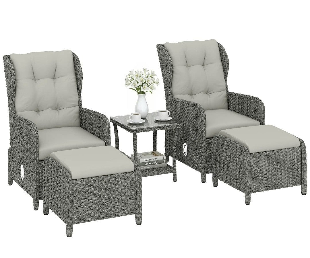 5-Piece Rattan Garden Set | Reclining Chairs, Footstools & Cushions, Grey