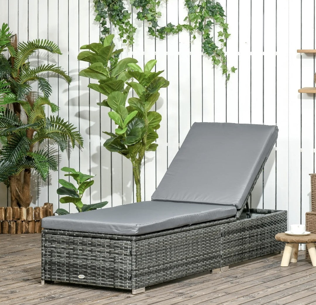 PE Rattan Sun Lounger – Light Grey | 5-Position Adjustable Recliner with Cushion