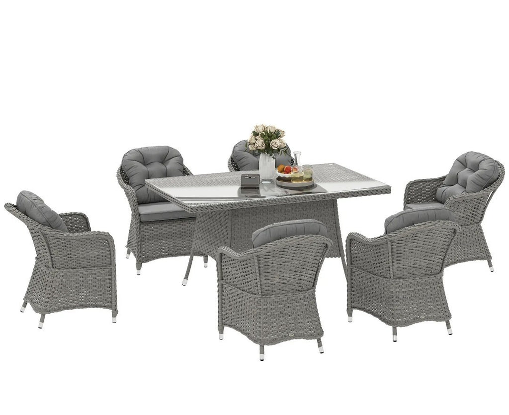 7-Piece Rattan Garden Dining Set with Glass Table – Light Grey