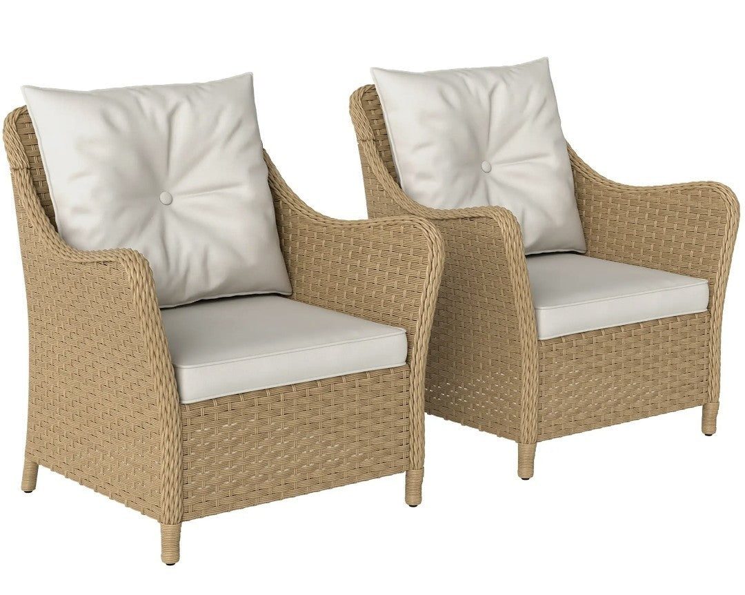 3-Piece Rattan Bistro Set | 2 Armchairs & Side Table | Natural PE Rattan with Cream Cushions