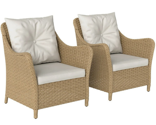 3-Piece Rattan Bistro Set | 2 Armchairs & Side Table | Natural PE Rattan with Cream Cushions