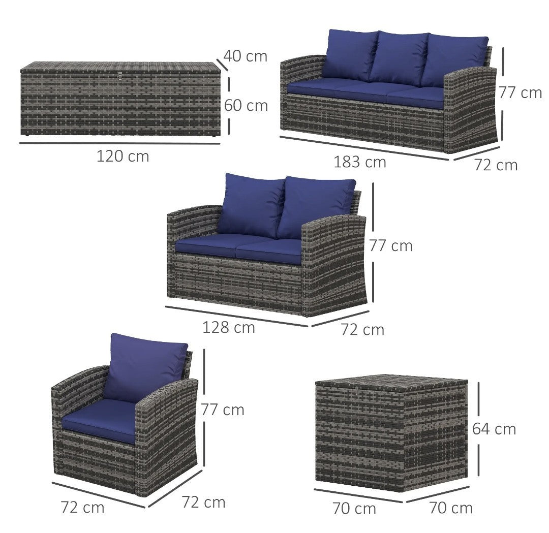 7-Seater Rattan Garden Sofa Set | 6-Piece Outdoor Furniture with Storage Tables – Brown & Blue