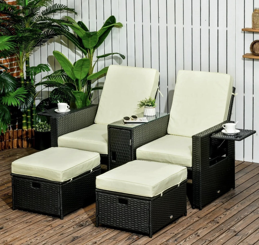 5-Piece PE Rattan Garden Sofa Set – Black with Beige Cushions
