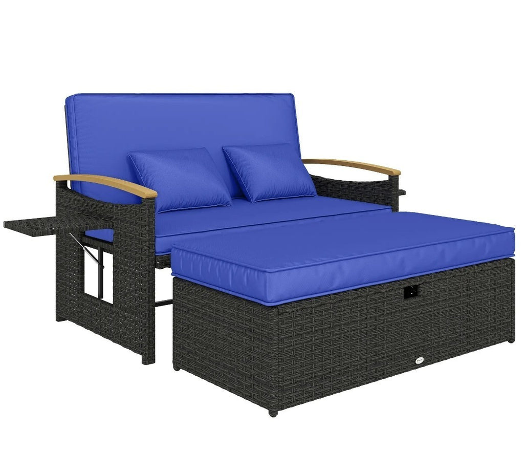 Double Rattan Garden Daybed | Wicker Sun Lounger with Storage Ottoman | Brown