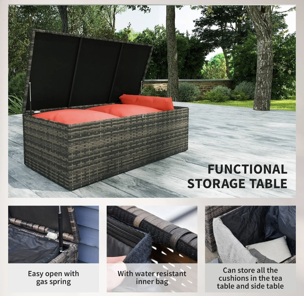 7-Seater Rattan Garden Sofa Set | 6-Piece Outdoor Furniture with Storage Tables – Brown & Orange
