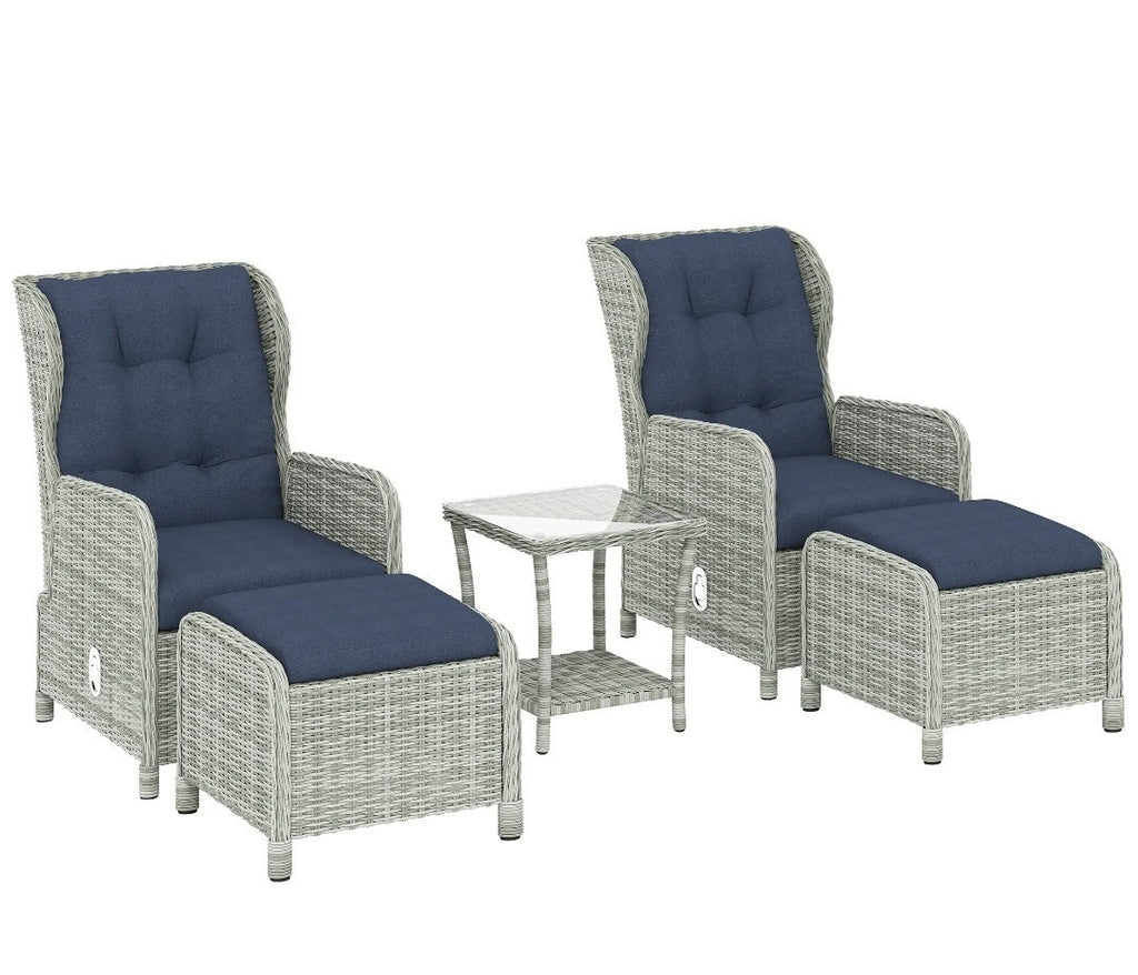 5-Piece Rattan Garden Set | Reclining Chairs, Footstools & Cushions | Light Grey