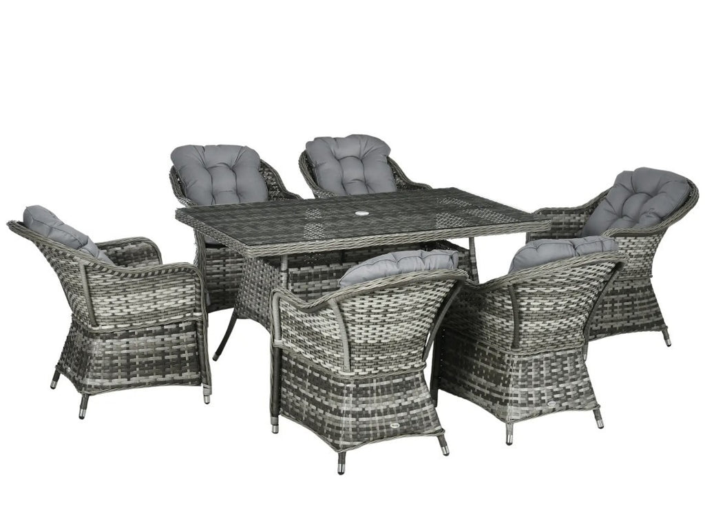 7-Piece Rattan Garden Dining Set with Glass Table & Parasol Hole – Grey