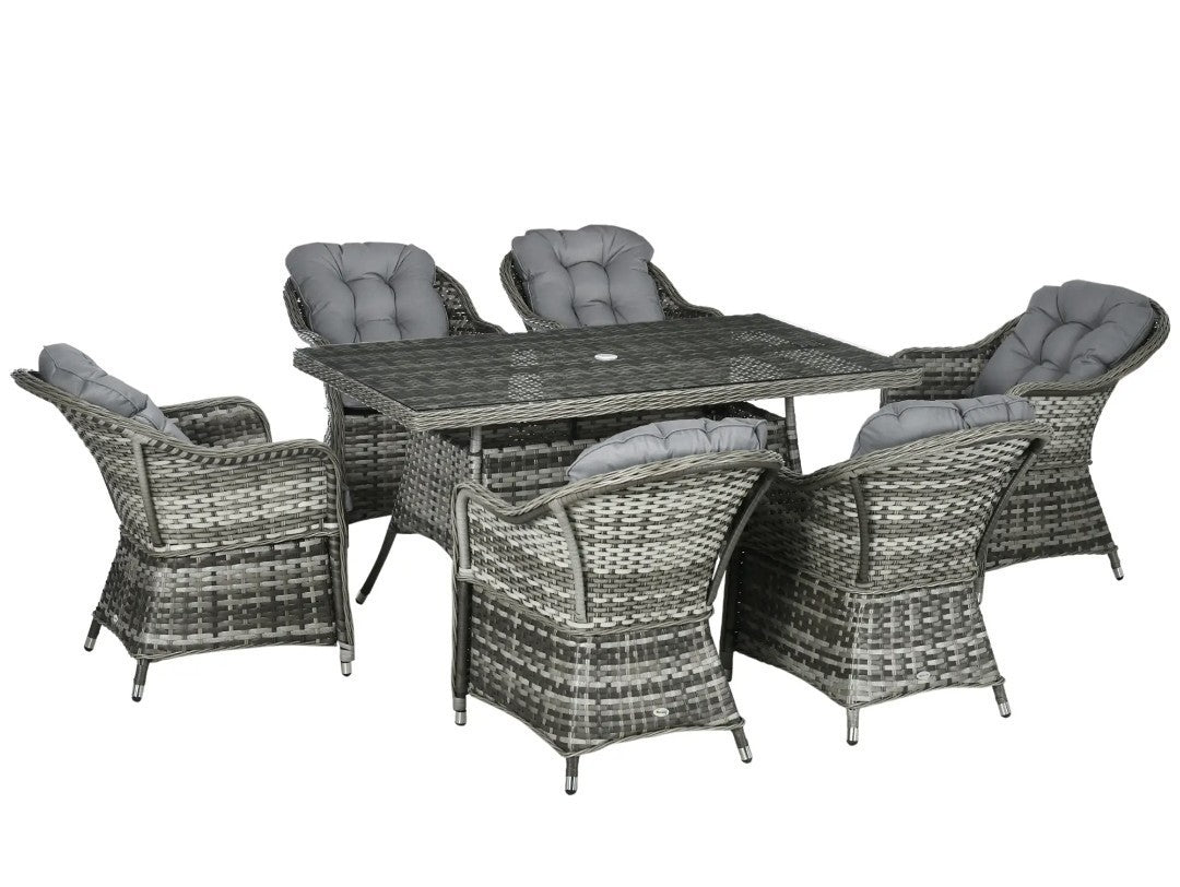 7-Piece Rattan Garden Dining Set with Glass Table & Parasol Hole – Grey