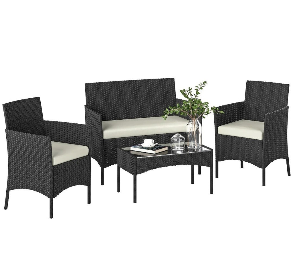 4-Piece Rattan Garden Sofa Set with Beige Cushions | Black