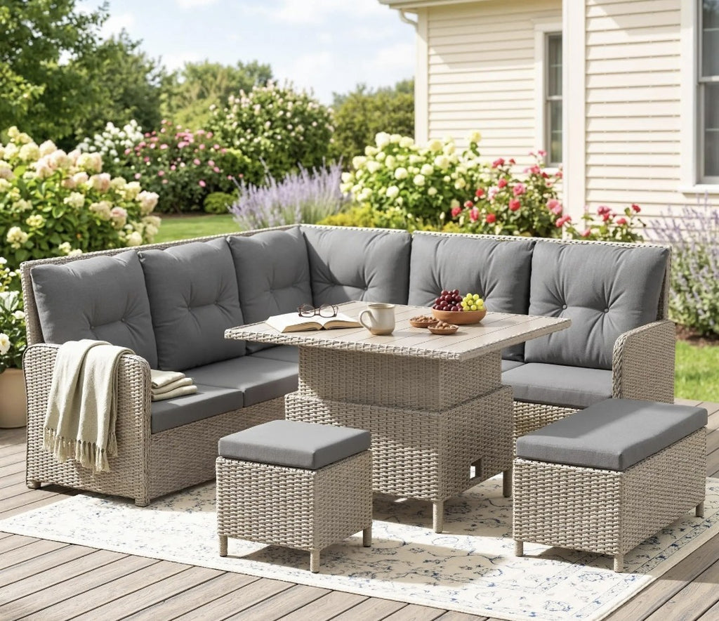 7-Seater Rattan Garden Furniture Set | 6-Piece Patio Sofa Set with Liftable Coffee Table – Light Grey