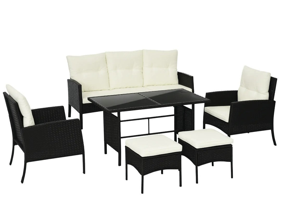 5-Seater Rattan Garden Sofa Set | 2 Armchairs & 3-Seater Wicker Sofa – Black & Cream