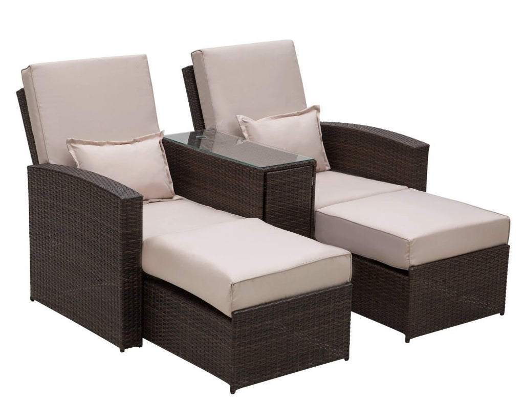 2-Seater Rattan Sofa Lounger Set – Brown & Beige | 5-Position Recliner