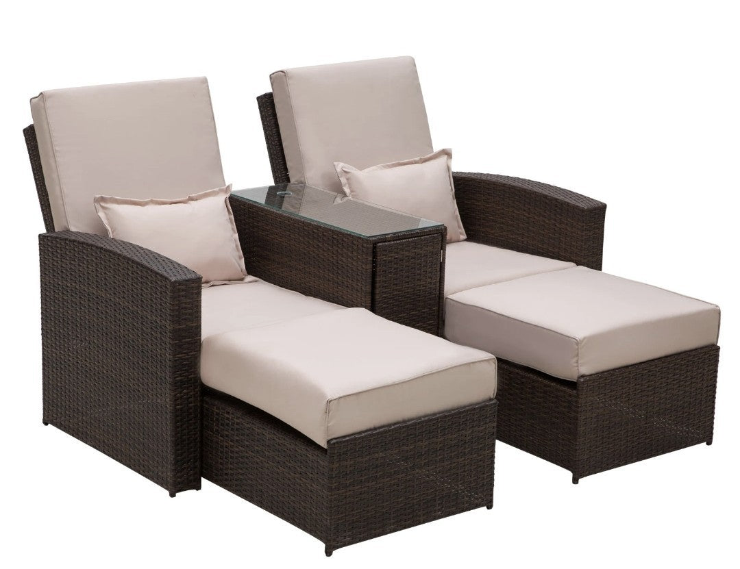 2-Seater Rattan Sofa Lounger Set – Brown & Beige | 5-Position Recliner