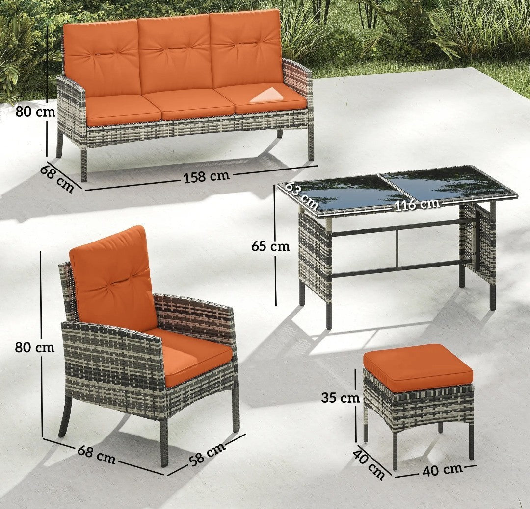 5-Seater Rattan Garden Sofa Set | 2 Armchairs & 3-Seater Wicker Sofa – Grey & Orange