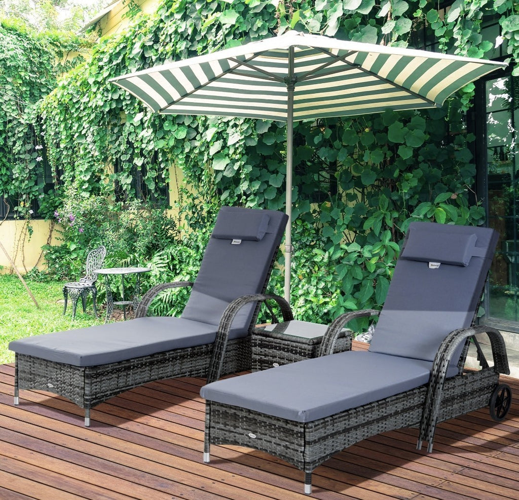 3-Piece Rattan Sun Lounger Set | Wicker Wheeling Recliner Garden Loungers | PE Rattan