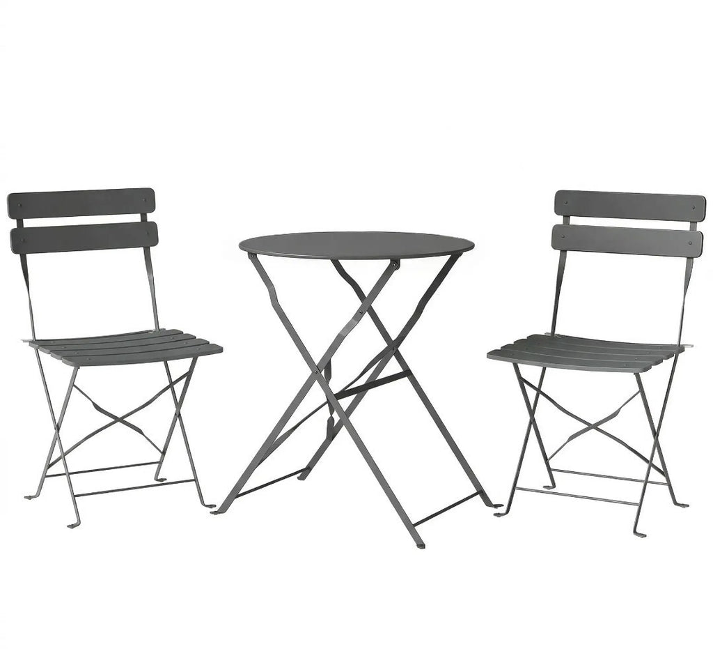 Folding Garden Bistro Set | Round Table & 2 Chairs | Grey Metal