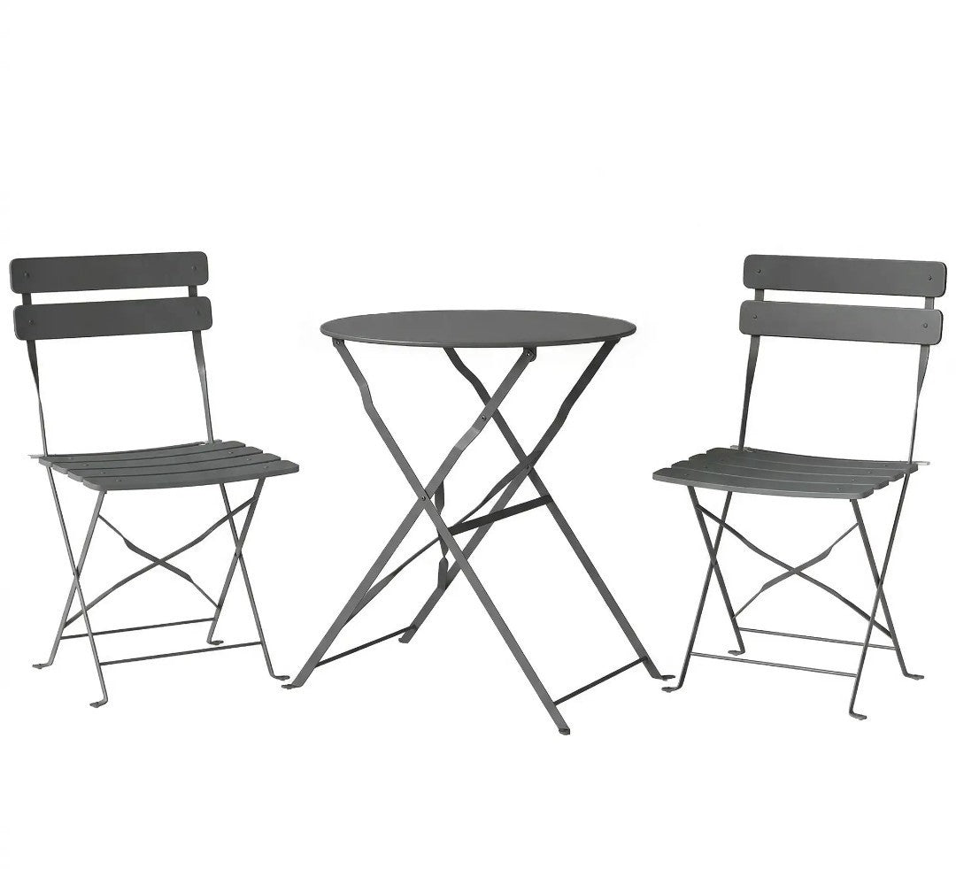 Folding Garden Bistro Set | Round Table & 2 Chairs | Grey Metal