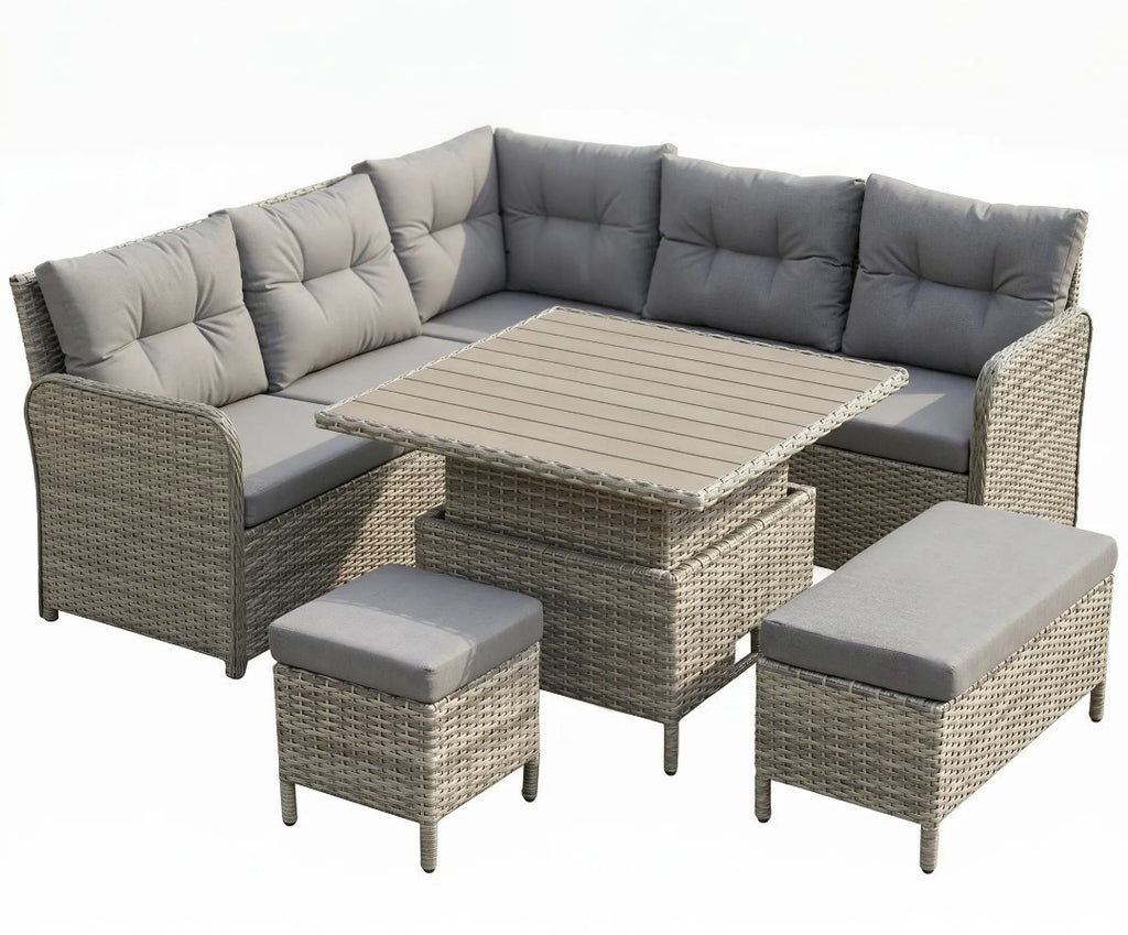 7-Seater Rattan Garden Furniture Set | 6-Piece Patio Sofa Set with Liftable Coffee Table – Light Grey