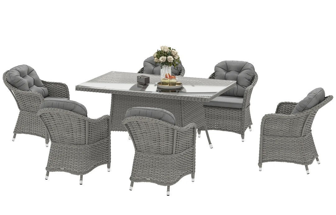 7-Piece Rattan Garden Dining Set with Glass Table – Light Grey