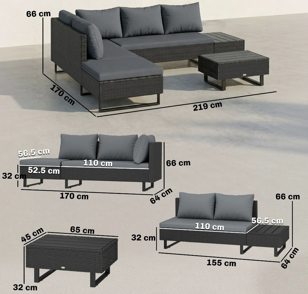 L-Shaped Rattan Garden Corner Sofa Set | Outdoor Furniture, Dark Grey