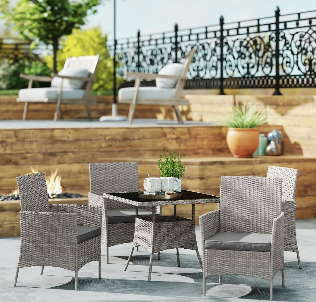 5-Piece Rattan Garden Dining Set with Cushions – Light Grey