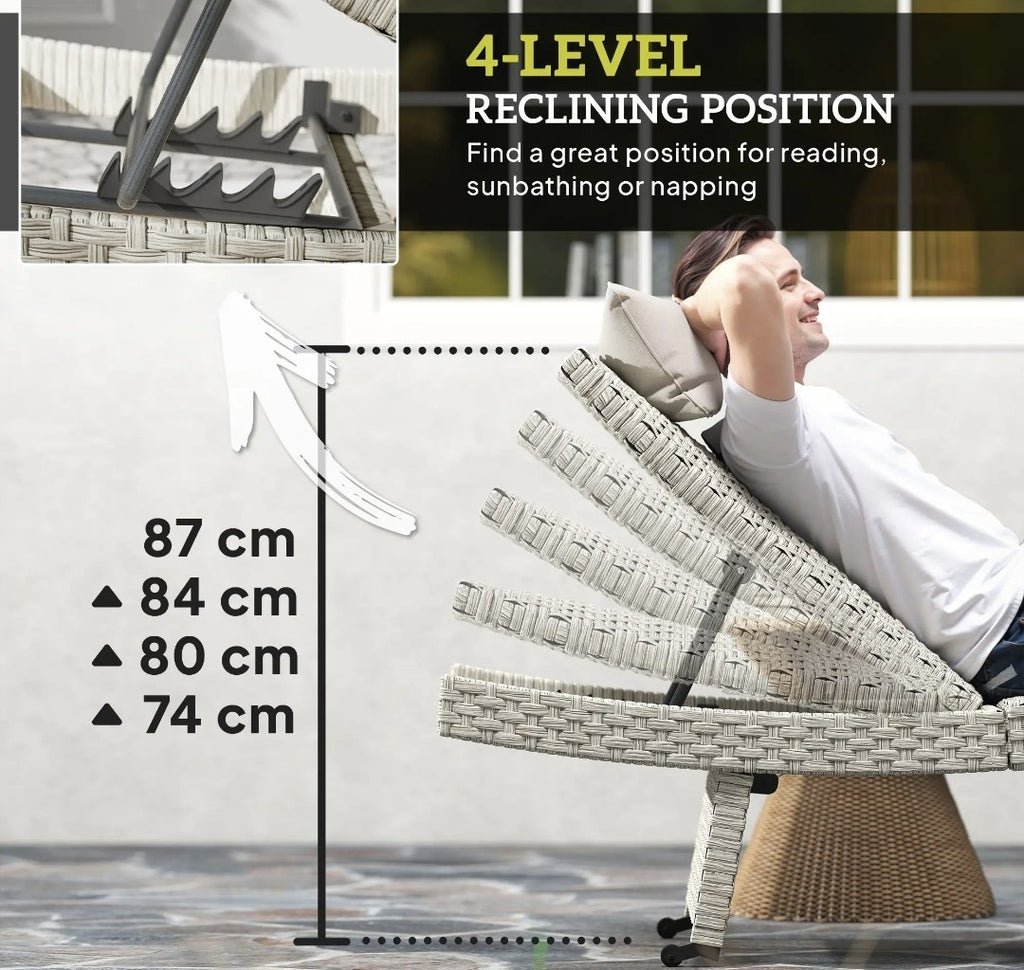 PE Rattan Sun Lounger – Grey | 4-Level Adjustable Recliner