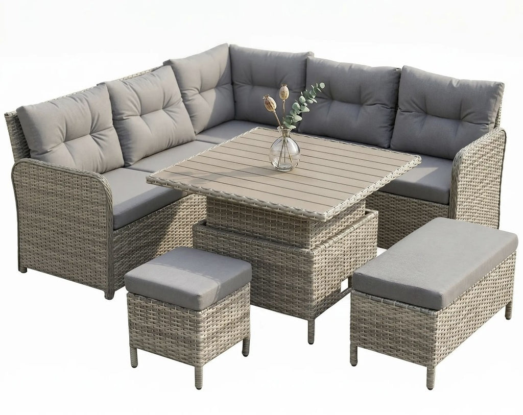 7-Seater Rattan Garden Furniture Set | 6-Piece Patio Sofa Set with Liftable Coffee Table – Light Grey