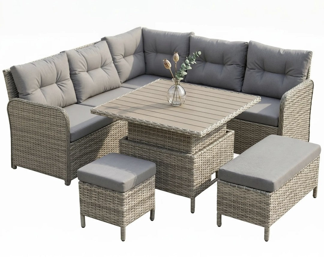 7-Seater Rattan Garden Furniture Set | 6-Piece Patio Sofa Set with Liftable Coffee Table – Light Grey