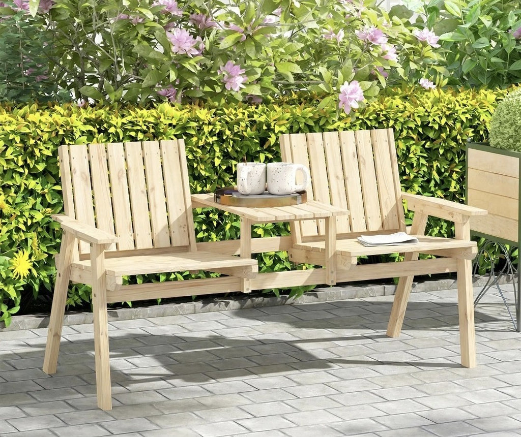 2-Seater Garden Loveseat with Middle Table | Wood Finish Patio Furniture