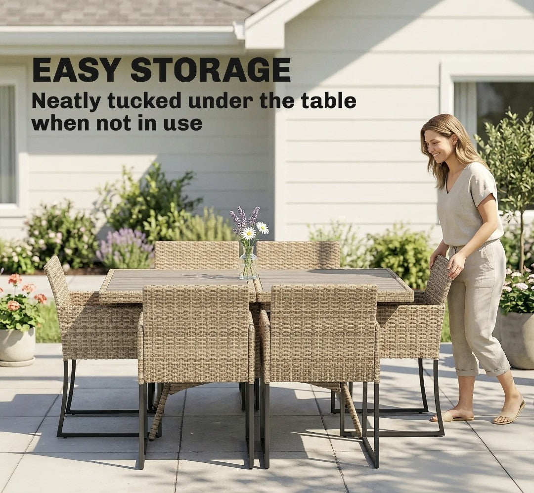 7-Piece Rattan Garden Dining Set – Light Brown | 6-Seater with Wood-Plastic Table & Cushions