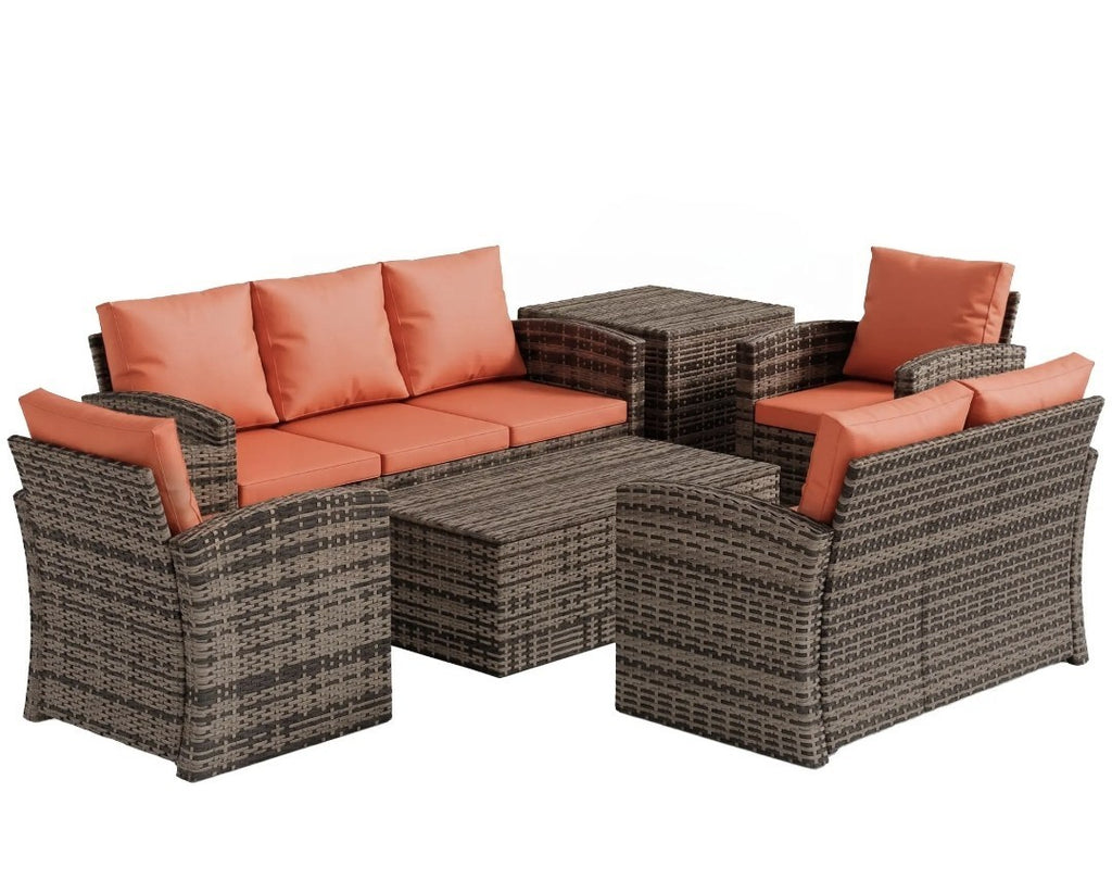 7-Seater Rattan Garden Sofa Set | 6-Piece Outdoor Furniture with Storage Tables – Brown & Orange