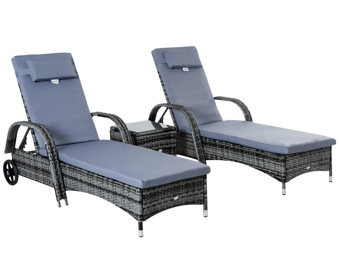 3-Piece PE Rattan Sun Lounger Set – Grey | Wheeled Recliner with Cushions