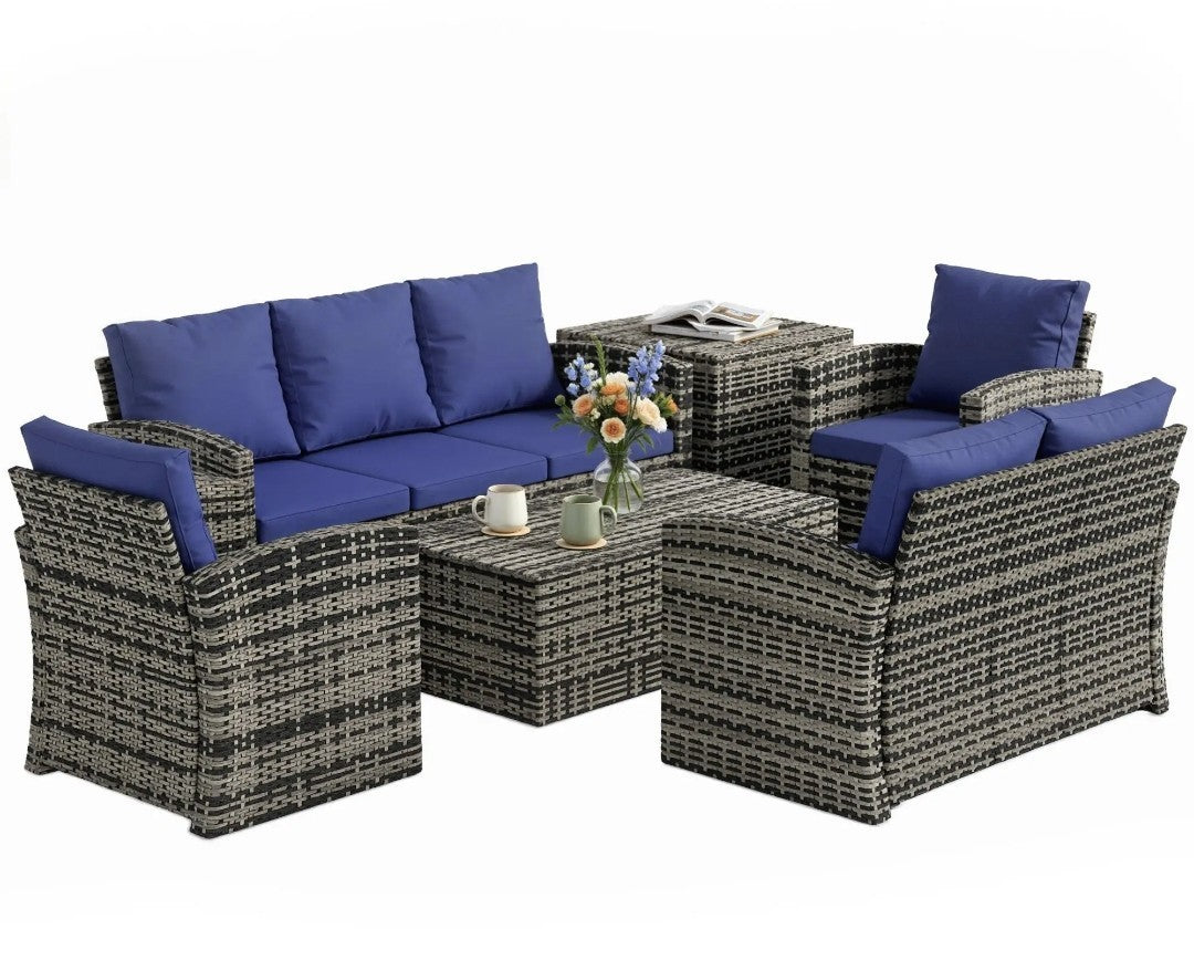 7-Seater Rattan Garden Sofa Set | 6-Piece Outdoor Furniture with Storage Tables – Brown & Blue
