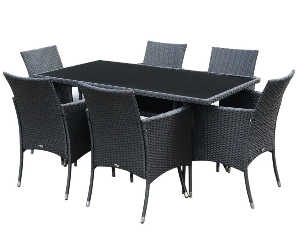 7-Piece Rattan Garden Dining Set with Cushions – Black