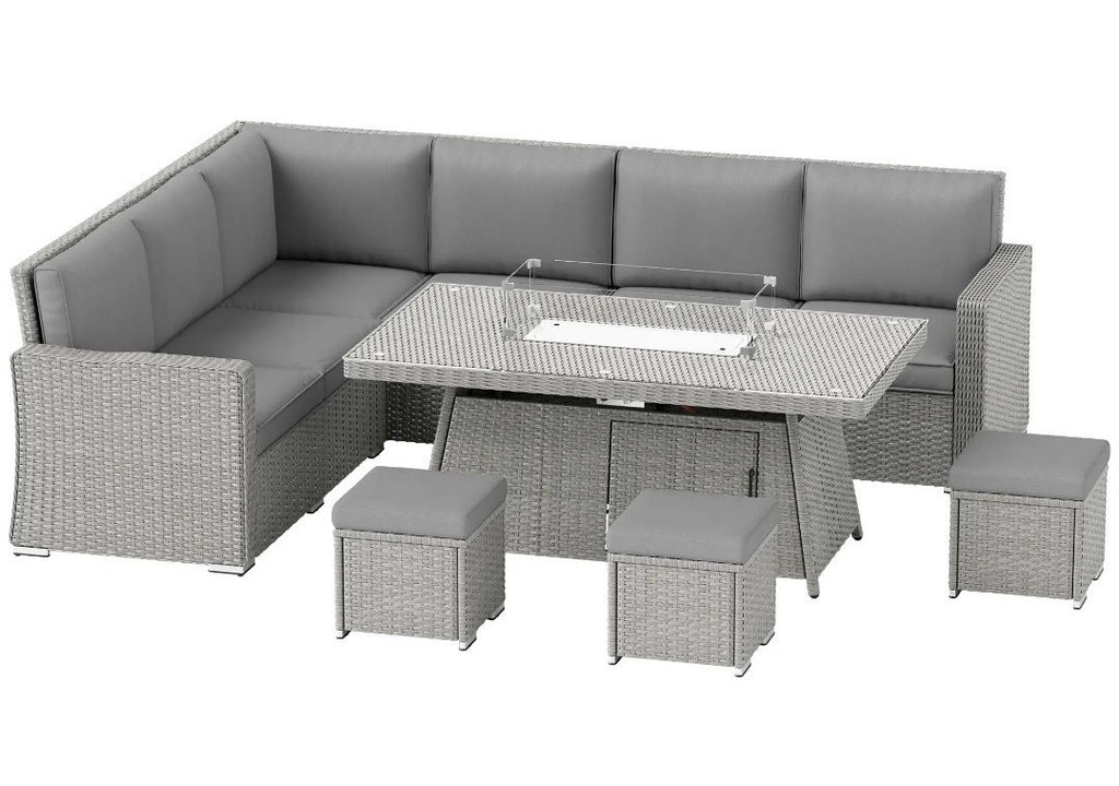 7-Piece Rattan Garden Sofa Set with Fire Pit Table & Cushions | Grey