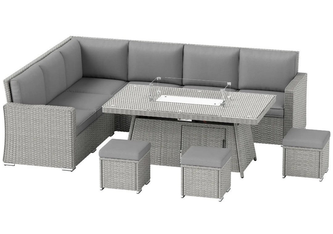 7-Piece Rattan Garden Sofa Set with Fire Pit Table & Cushions | Grey