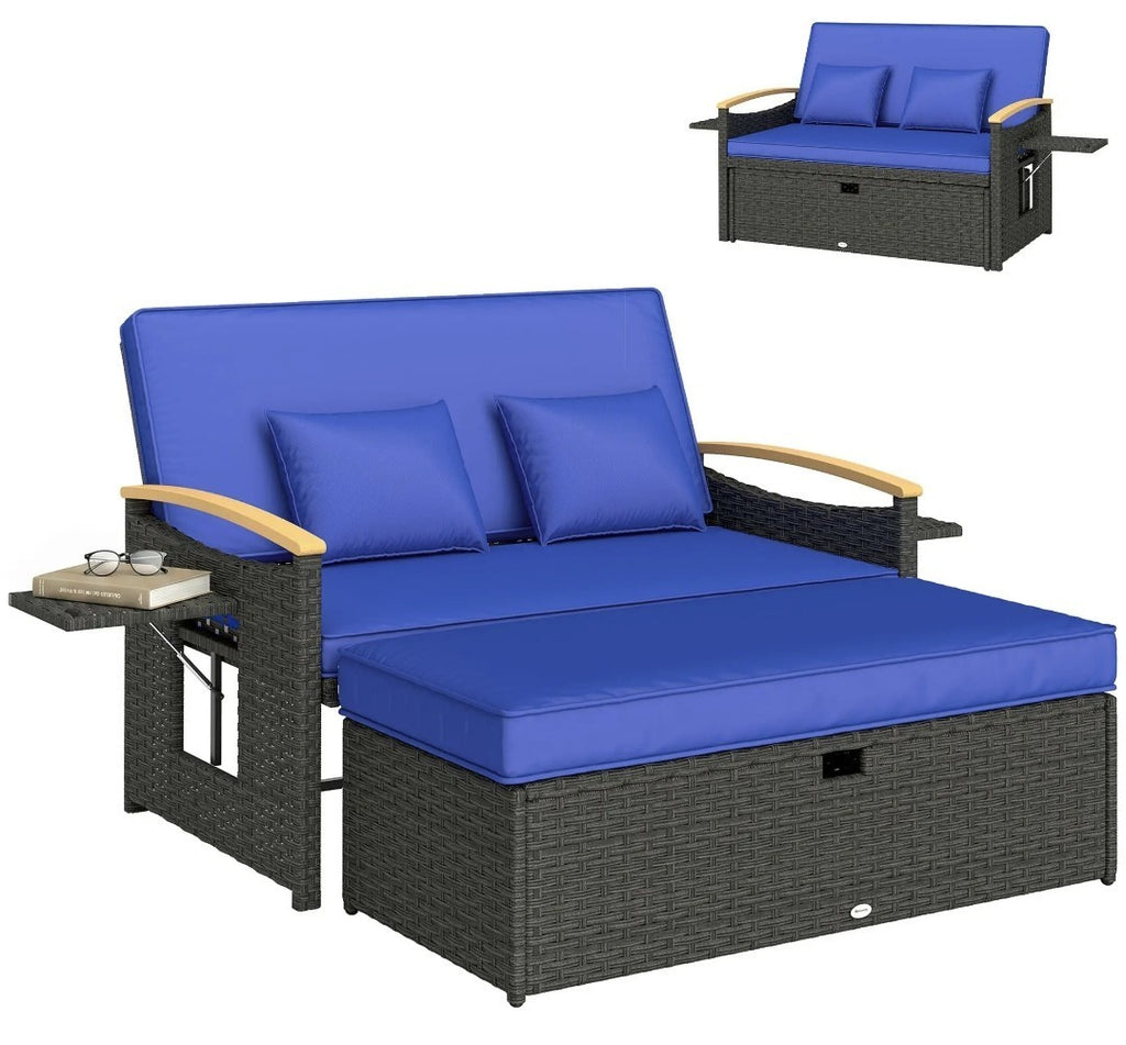 Double Rattan Garden Daybed | Wicker Sun Lounger with Storage Ottoman | Brown