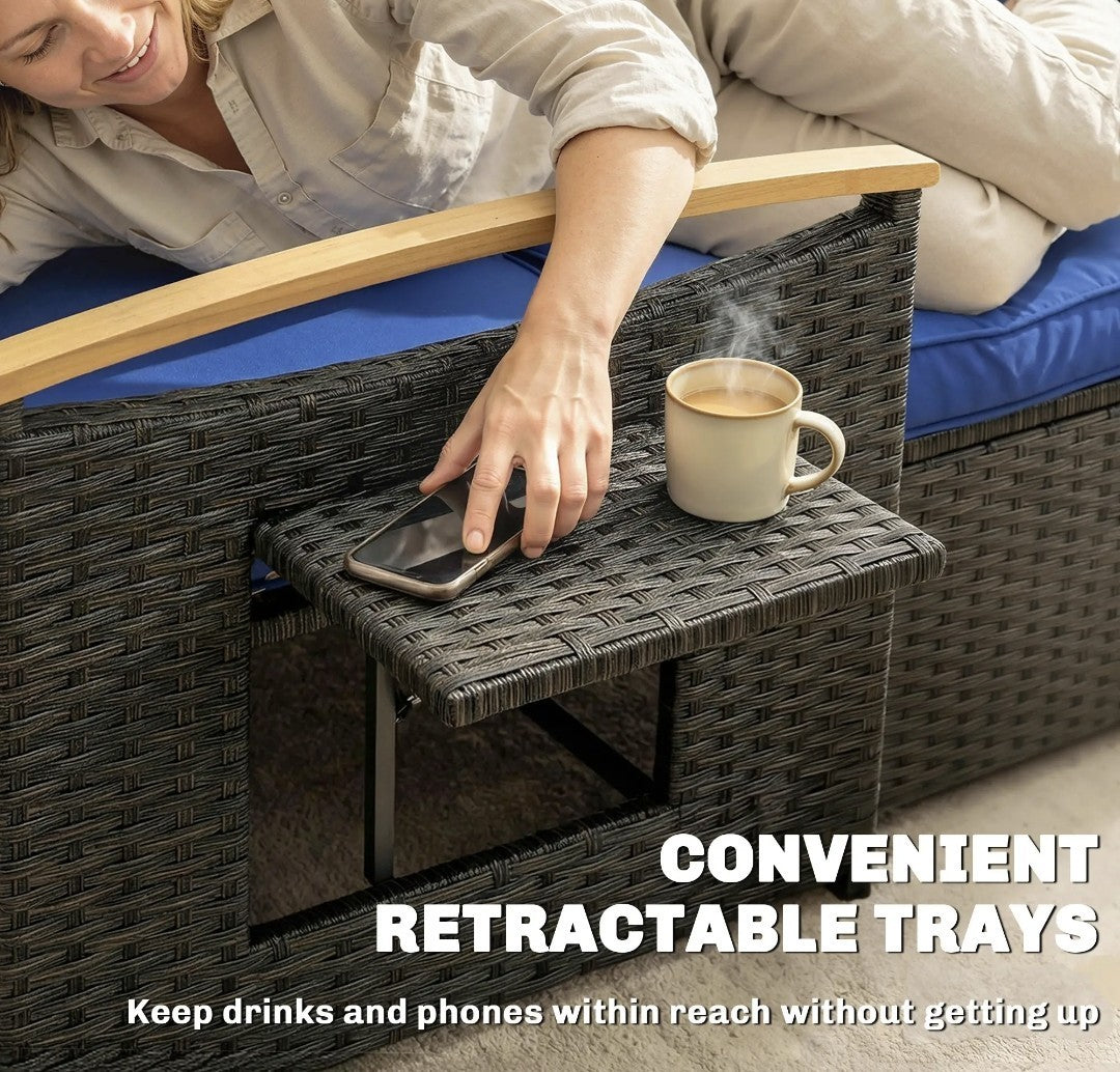 Double Rattan Garden Daybed | Wicker Sun Lounger with Storage Ottoman | Brown