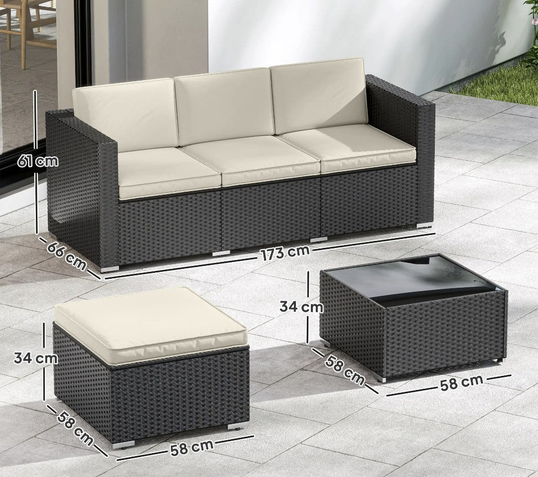 3-Piece PE Rattan Corner Sofa Set with Cushions | Black