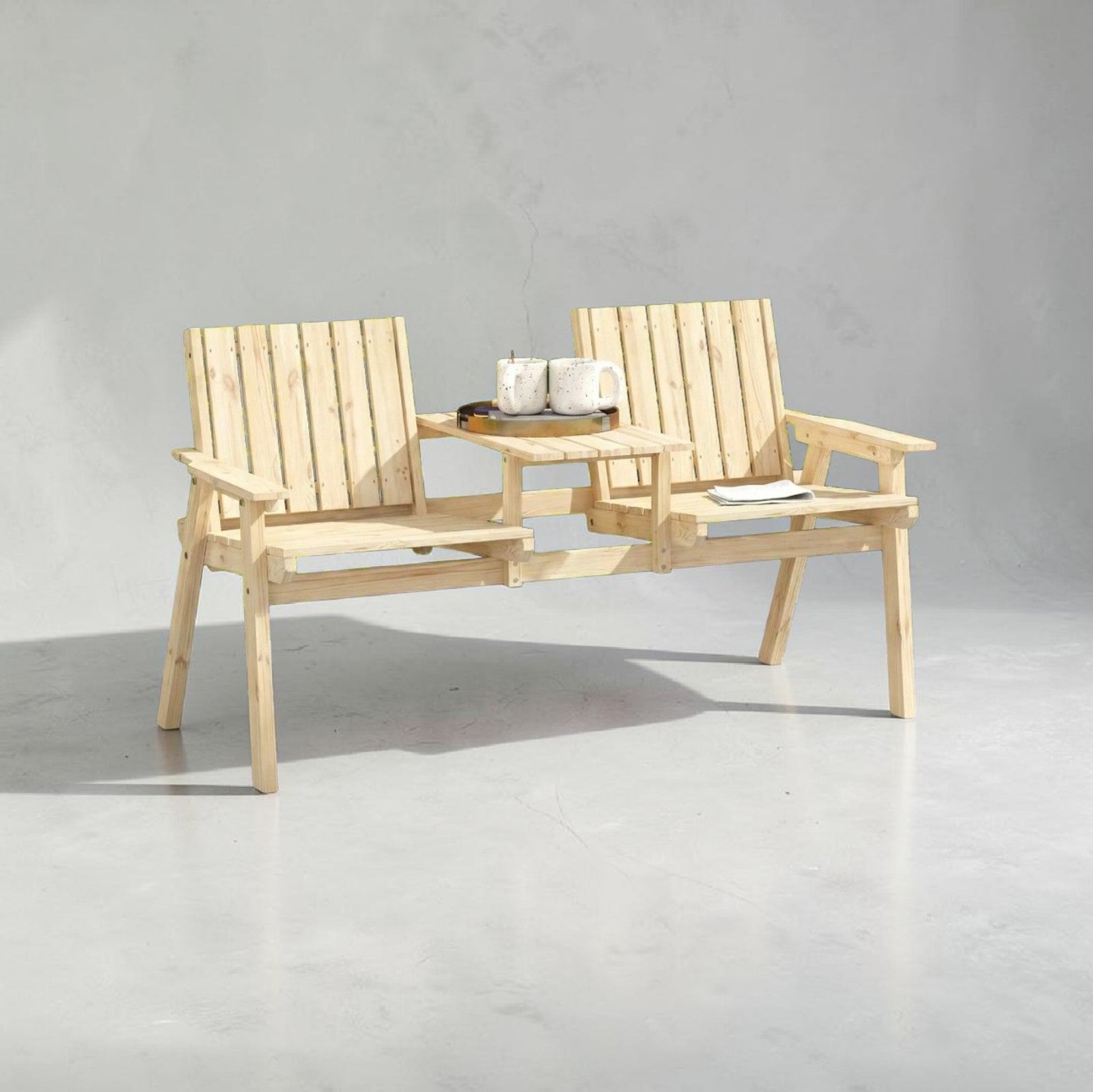 2-Seater Garden Loveseat with Middle Table | Wood Finish Patio Furniture